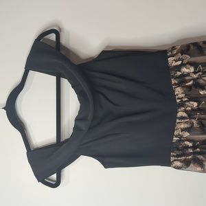 David's Bridal Embroidered Off-the-Shoulder Mesh and Jersey Gown